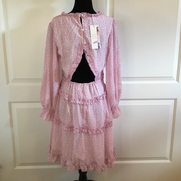 Women's Pink Deep V Neck Ruffle Flowing Mini Dress - Picture 6 of 9